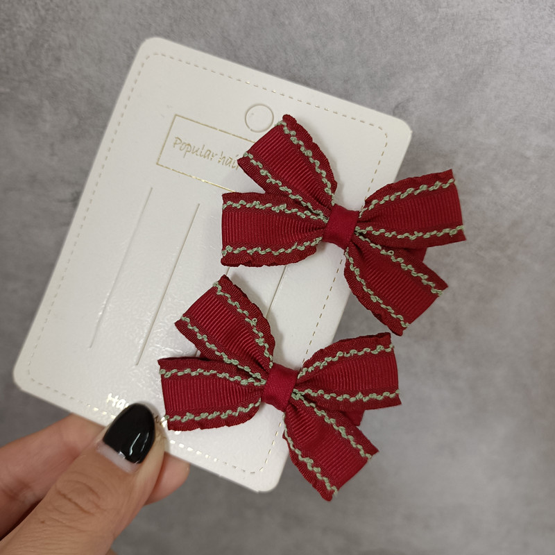 韩式甜美气质简约儿童发卡酒红色罗纹蝴蝶结小对夹边夹刘海夹发饰
