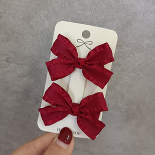 甜美气质儿童学生少女发夹酒红色木耳边丝带小蝴蝶结对夹刘海边夹