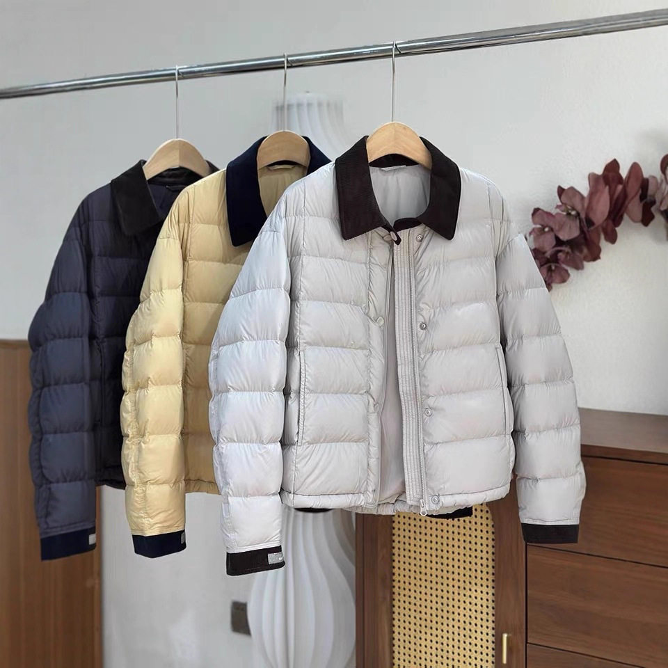 轻薄款翻领羽绒服女短款灯芯绒拼接时尚百搭韩系宽松保暖外套冬新