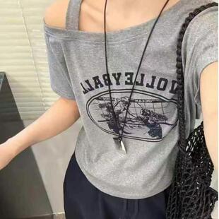 【92棉 8氨纶 】斜肩短袖修身显瘦短款印花T恤女装百搭打底衫