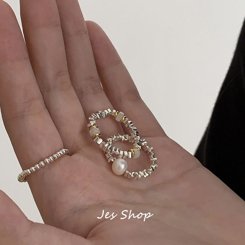 Jes Shop碎银串珠弹力绳戒指简约时尚百搭个性小众设计韩版指环女