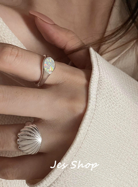 Jes Shop小众贝壳戒指银饰气质百搭高级感开口欧泊石ins风指环女
