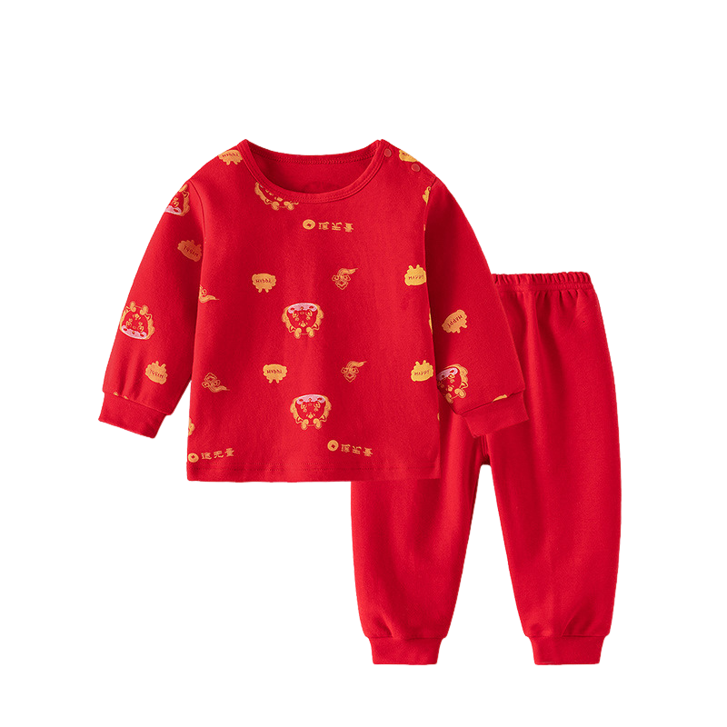 欧美春节元宵红色1岁男童女宝套装9月婴儿秋裤睡衣纯棉舒服保暖