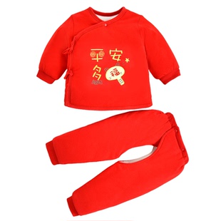 欧美新生儿满月衣服红色初生婴儿春秋棉衣宝宝喜庆春装薄夹棉分体