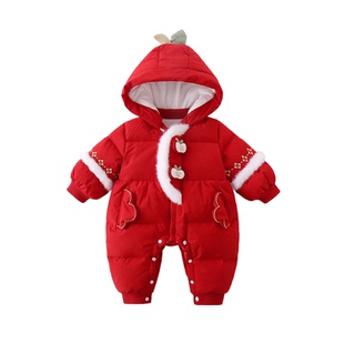 欧美红色冬季婴儿羽绒服女宝宝加厚保暖连体衣冬款喜庆拜年服新年
