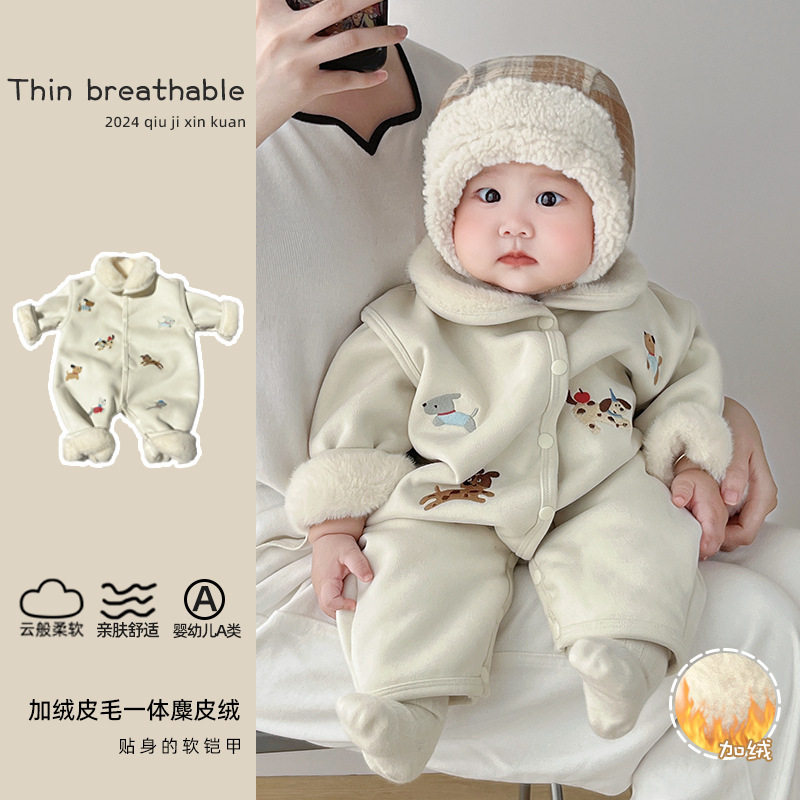 欧美3-6-9-12潮款外出服韩版婴幼连体衣男女宝加绒加厚外套哈衣