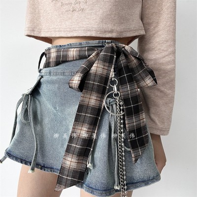 丝巾腰带长条格子百搭