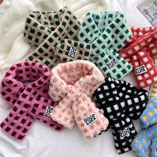 韩版情侣毛绒格子围巾女冬季百搭学生加厚保暖围脖女生高级感可爱