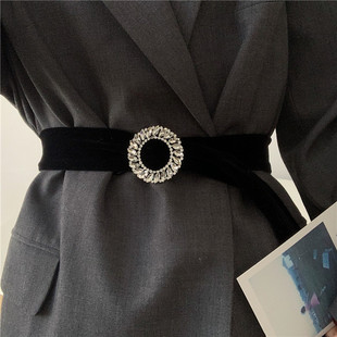 裙子装 水钻镶嵌无孔绒布腰带女时尚 衬衫 复古腰封配西装 饰显瘦 法式