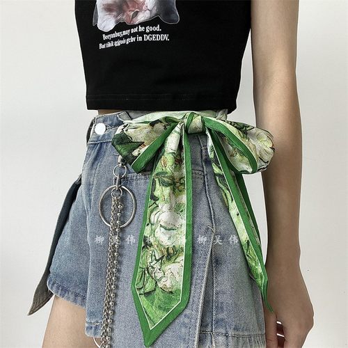 装饰裤链油画女款绿色小长条潮酷