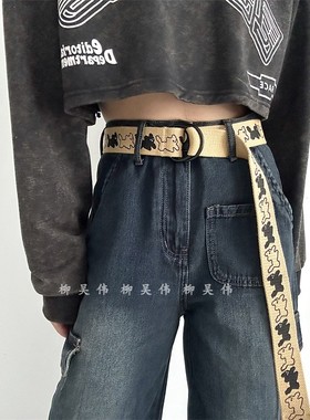 柳吴伟美式高街小狗印花帆布皮带女款韩版牛仔裤腰带双环扣裤带男