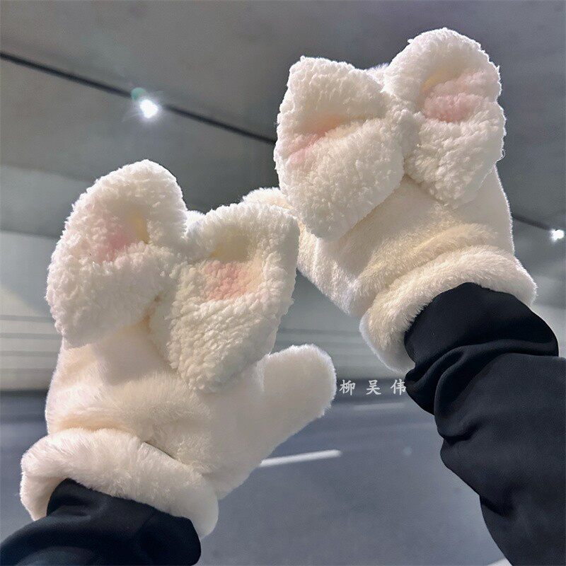 柳吴伟腮红蝴蝶结棉手套女冬季加厚保暖可爱学生骑车防寒防冻女生