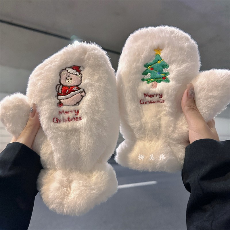 可爱卡通小熊毛绒手套女冬季保暖加绒加厚骑行骑车滑雪防寒冬天男