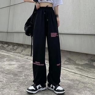 新款韩版学生ins潮原宿风高腰直筒宽松黑色休闲裤港味裤子女薄款