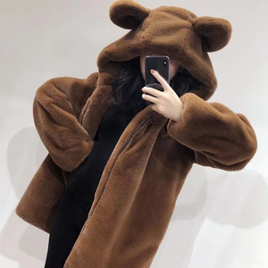可爱棕色小熊耳朵毛毛绒外套秋冬2023新款保暖宽松加绒连帽外套女