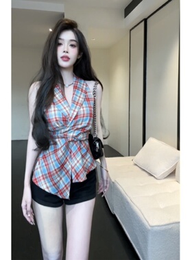 纯欲格子v领扭结无袖吊带背心女夏季设计感不规则修身辣妹上衣ins