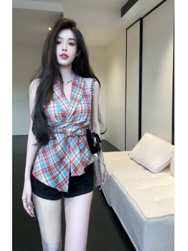 纯欲格子v领扭结无袖吊带背心女夏季设计感不规则修身辣妹上衣ins