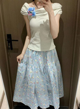 甜美风蓝色碎花半身裙女夏设计感高腰显瘦拼接长裙假日花园风