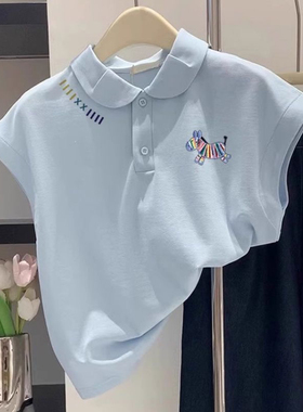2025新款洋气减龄显瘦polo领上衣夏季正肩蓝色彩条小马短袖t恤女