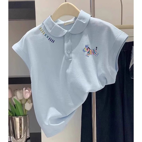 2025新款洋气减龄显瘦polo领上衣夏季正肩蓝色彩条小马短袖t恤女