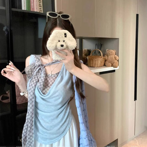 温柔风假两件蓝色格子荡领T恤女夏无袖设计感气质修身小众上衣潮