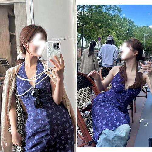 蓝色V领性感碎花挂脖连衣裙度假风设计感收腰显瘦bm露背中长裙子