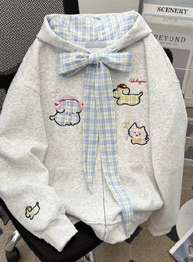 美式狗狗印花格子连帽卫衣开衫女秋季宽松韩系慵懒风chic可爱外套