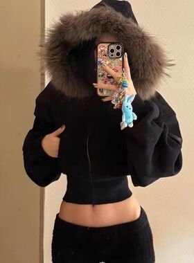 美式复古黑色毛领短款连帽拉链外套女秋冬加绒设计感保暖短款开衫