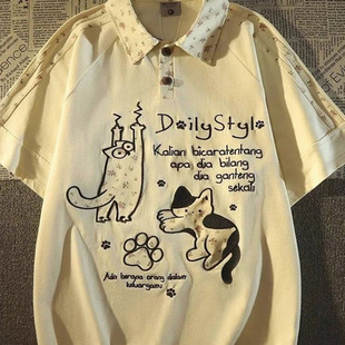 宽松上衣 日系甜美风印花拼接polo衫 短袖 T恤男女夏季 ins潮牌韩版