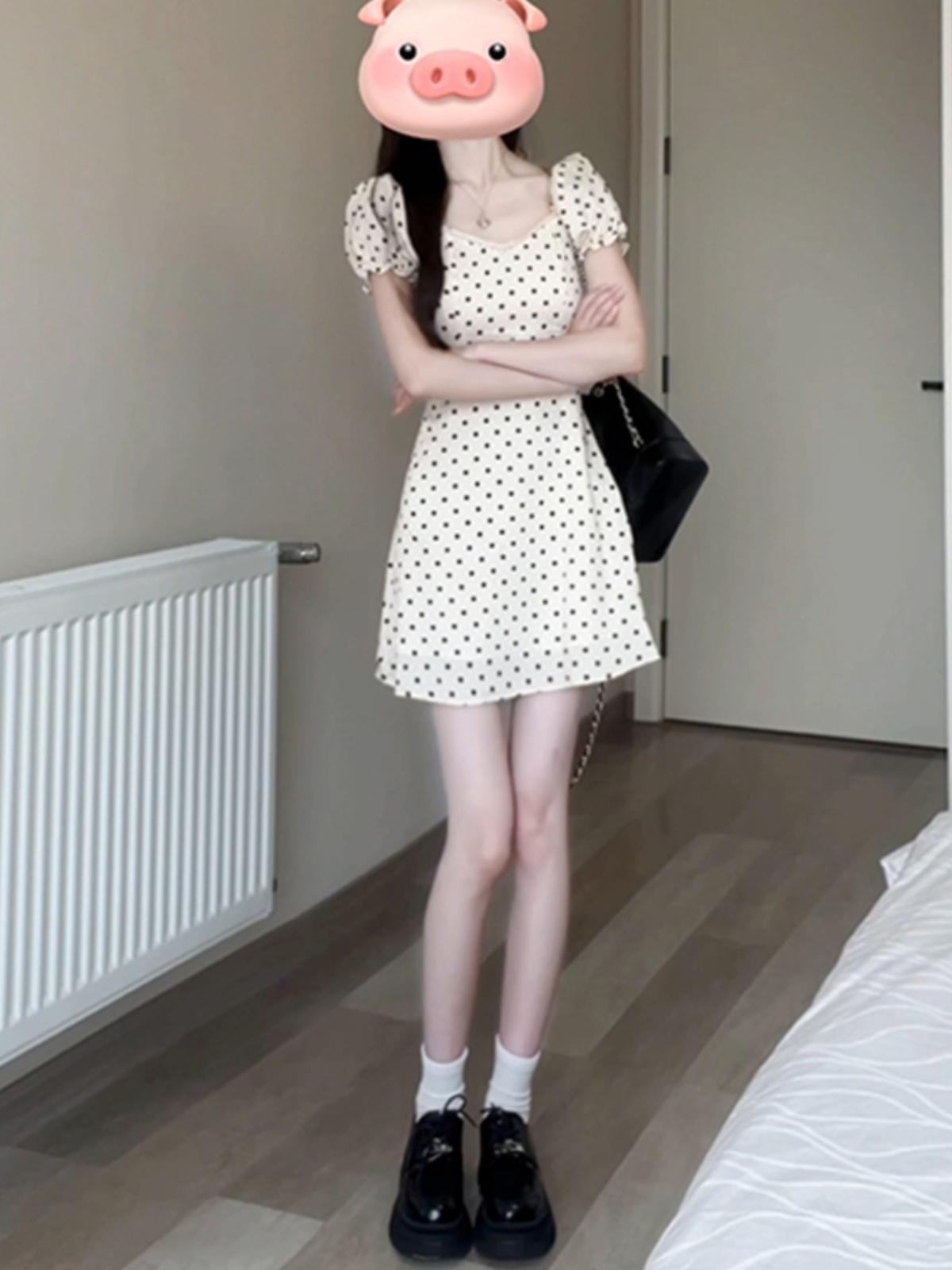 法式波点气质泡泡袖连衣裙女夏季韩系小个子修身显高收腰短裙子