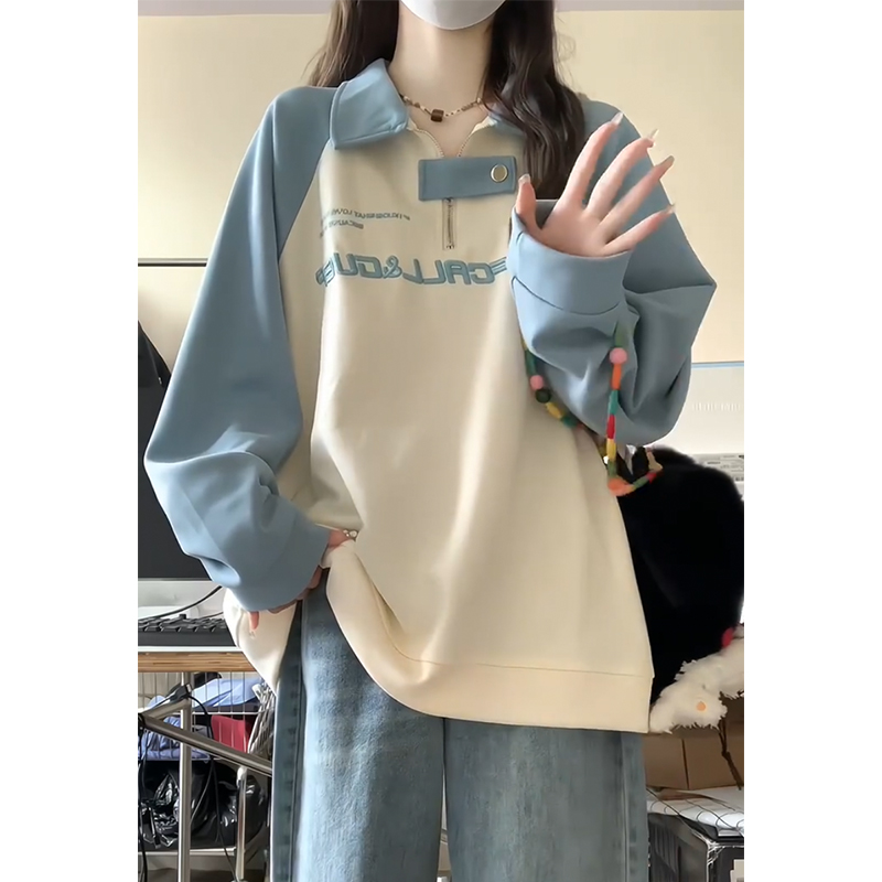 学院风插肩袖卫衣小众半拉链