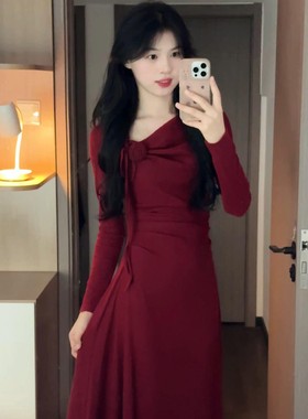 法式红色战袍过年连衣裙女长袖修身显瘦A字裙气质红裙高腰长裙