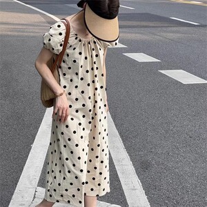 法式洋气宽松波点短袖连衣裙女夏季甜美百搭显瘦过膝长裙女