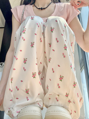 甜美白色碎花休闲裤女2025新款夏季韩系高腰显瘦阔腿直筒长裤子潮