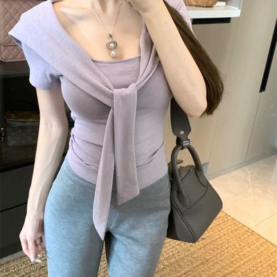 韩系纯欲风短款绑带方领短袖T恤2025夏季新款修身显瘦chic上衣女