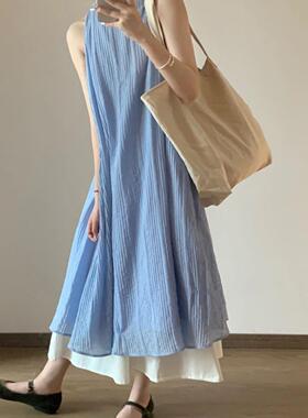 法式高级感绝美蓝色无袖背心连衣裙海边度假宽松慵懒风吊带长裙子