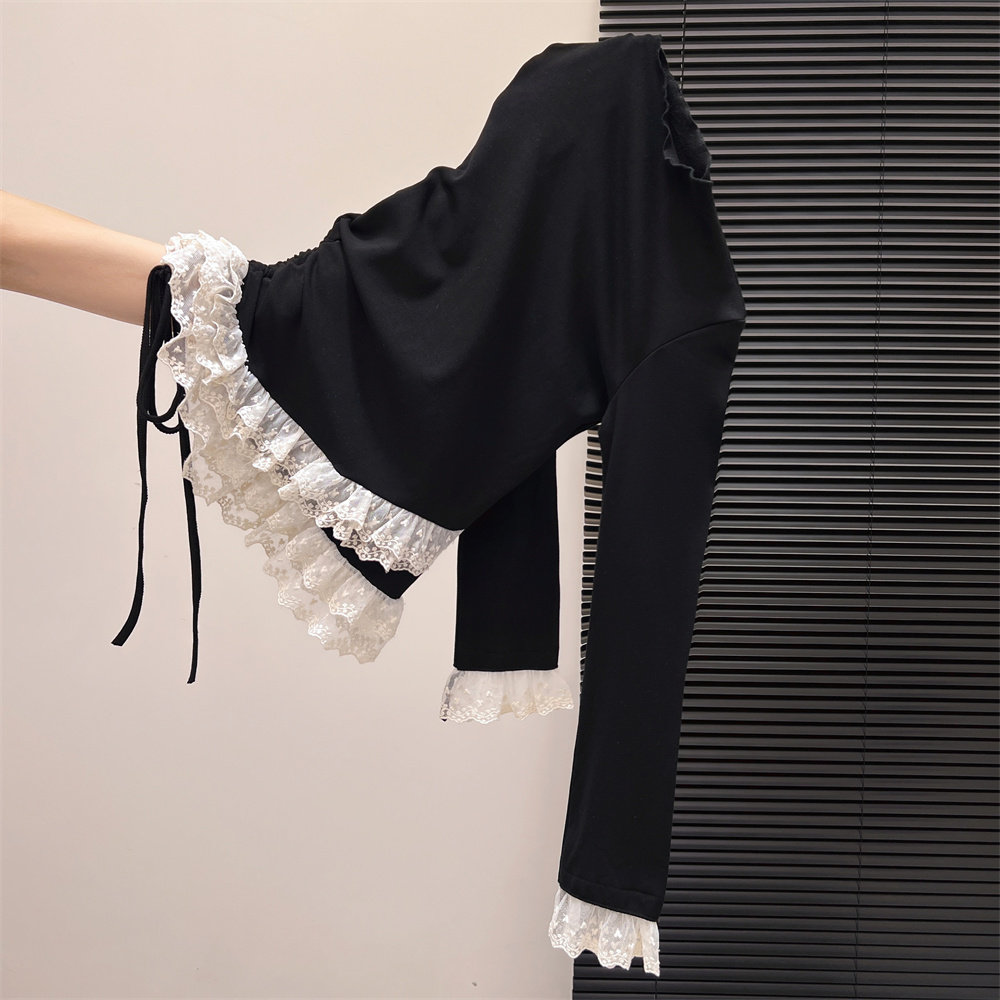 设计感蕾丝拼接长袖T恤女春秋辣妹黑色修身显瘦小众打底衫上衣