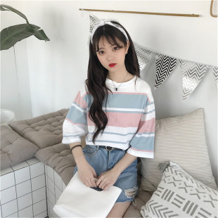 2025夏季新款条纹短袖t恤女学生韩版宽松上衣女半袖ins潮衣服