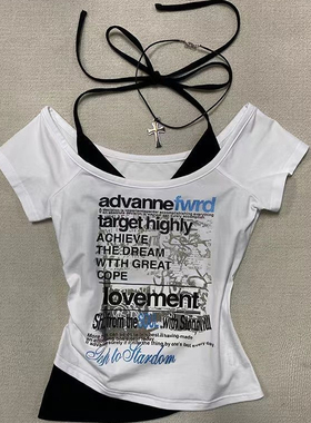 甜辣妹挂脖短袖T恤女2025夏季新款设计感假俩件短款小众修身上衣