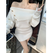 不规则一字肩白色短裙长袖 气质修身 连衣裙复古女包臀裙设计感春秋