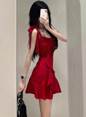 新款荷叶气质辣妹红色吊带连衣裙小个子纯欲风收腰显瘦短裙女夏季