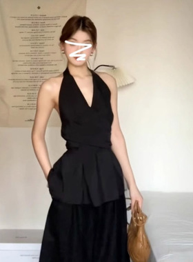 法式黑色v领挂脖无袖衬衫女夏季高级感收腰露背系带辣妹显瘦上衣