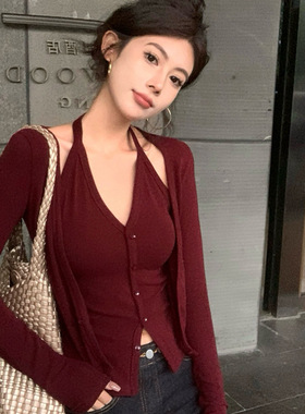 美式复古辣妹风吊带挂脖开衫女春秋新款修身显瘦假两件内搭上衣潮