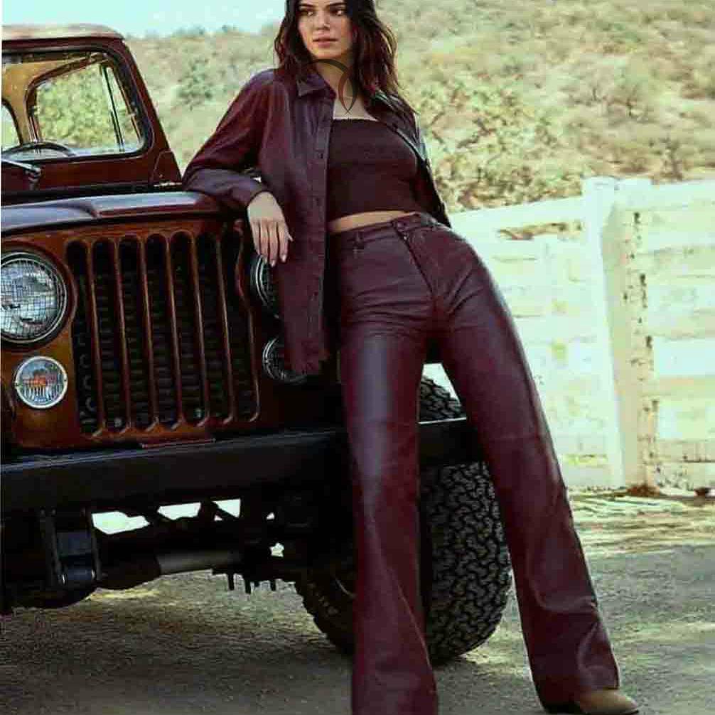 高腰欧美简约长裤真皮酒红色