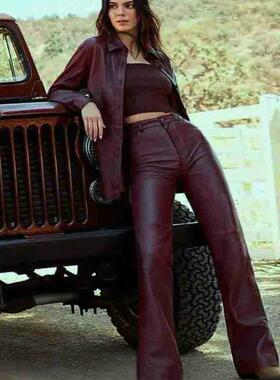 欧美明星同款进口真绵羊弹力皮高腰不挑身材长直筒女裤辣妹大长腿