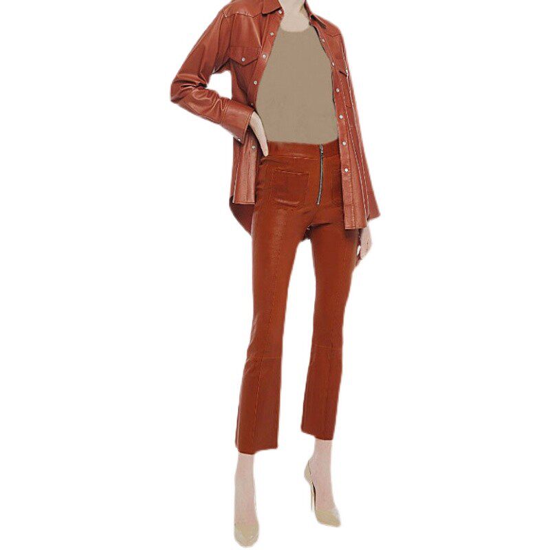 断码清仓法国植鞣弹力皮真皮中腰立体剪裁九分微喇叭裤焦糖色黑色