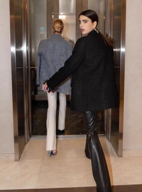 立体剪裁进口弹力皮中腰修身西裤黑色白色大长腿微微喇叭长裤