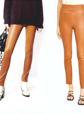 Ms sheep羊小姐进口弹力皮中高腰显瘦九分裤烟管裤 焦糖棕色特价