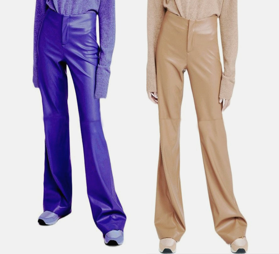 真皮大长腿中腰小直筒长裤