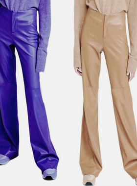 Ms sheep新款真皮弹力皮不挑身材大长腿小直筒裤 长裤 驼色 紫色